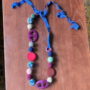 Boden Colorful Beaded Necklace with Blue Ribbon